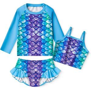 Girls 3-Piece Long Sleeve Rash Guard & Tankini Swimsuit Set (Ages 3–12)